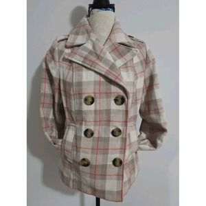 OLD NAVY BEIGE PLAID PRINT WOOL‎ DOUBLE BREASTED PEA COAT JACKET SIZE Medium